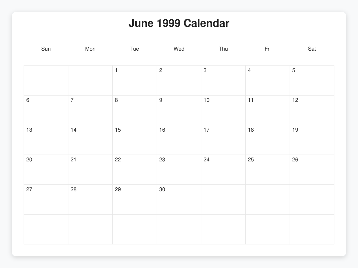 Printable June 1999 Calendars