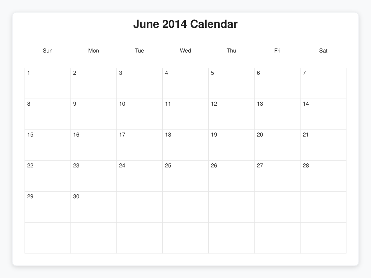 Printable June 2014 Calendars