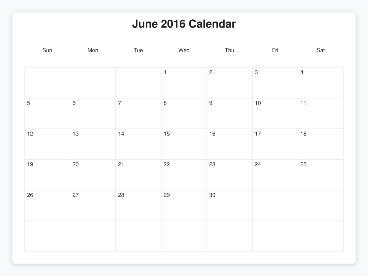 Printable June 2016 Calendars