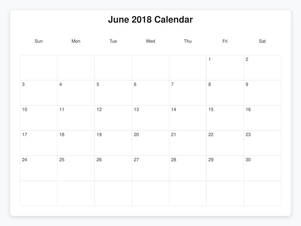 Printable June 2018 Calendars