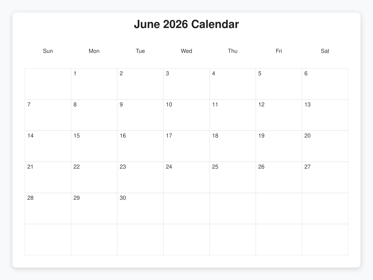 Printable June 2026 Calendars