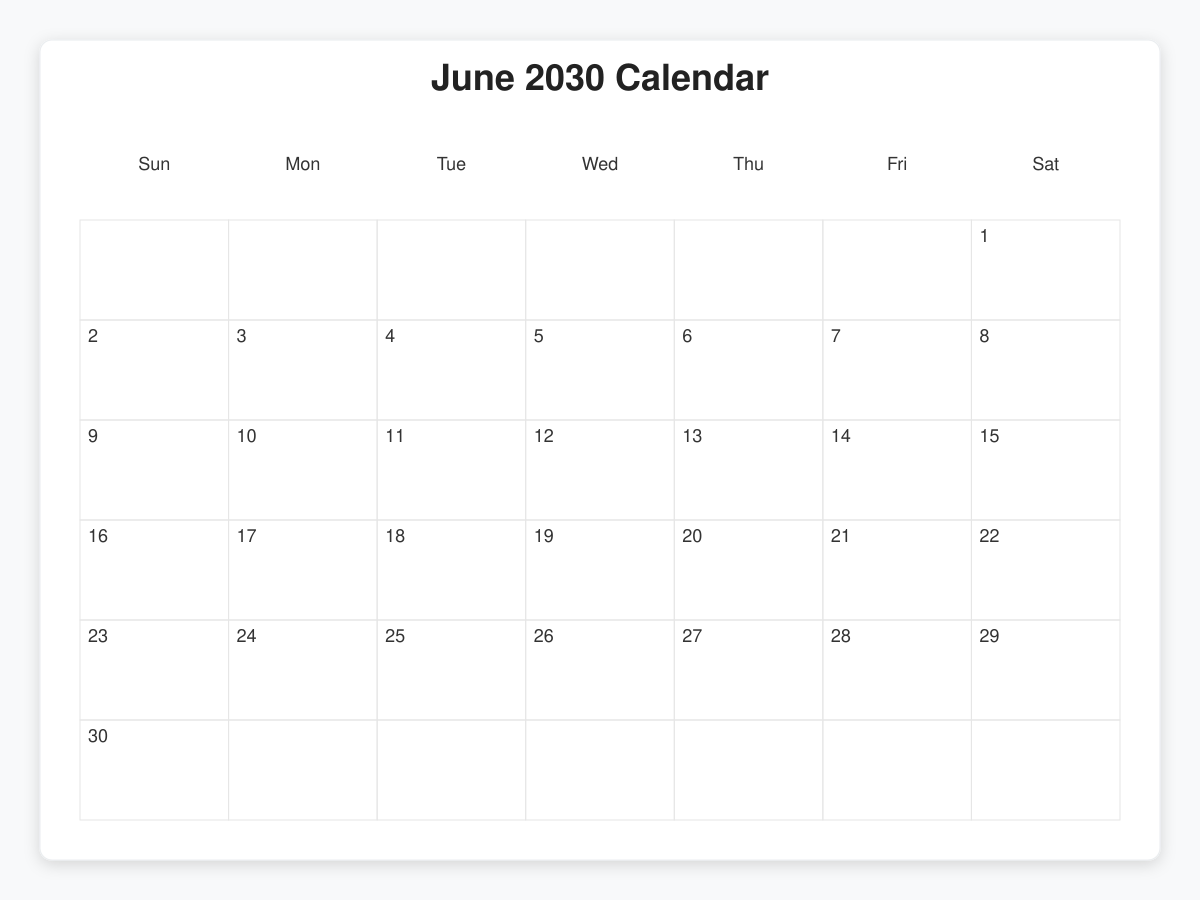 Printable June 2030 Calendars