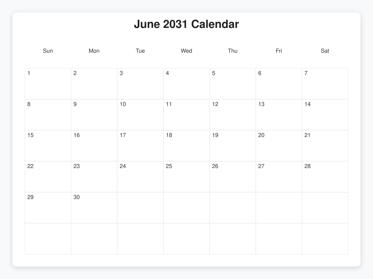 Printable June 2031 Calendars