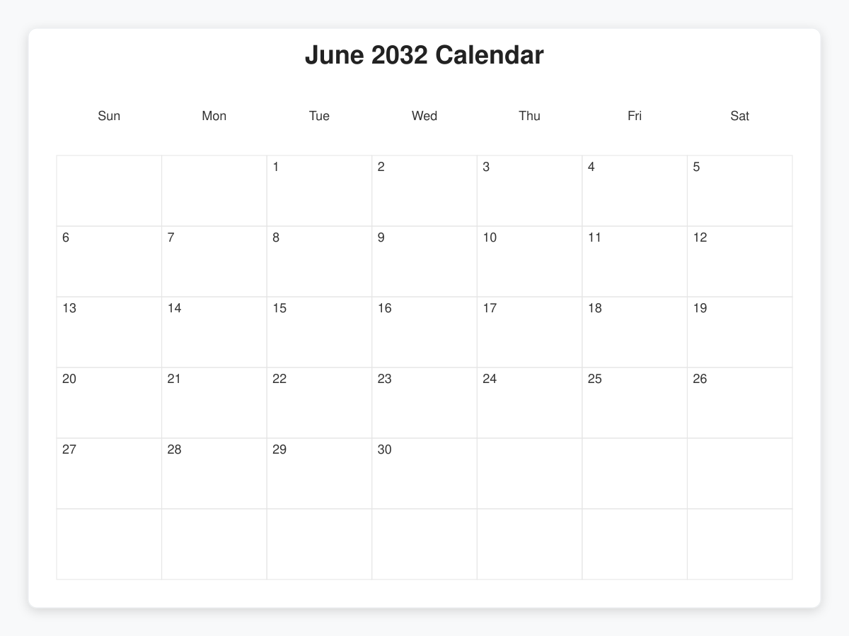 Printable June 2032 Calendars