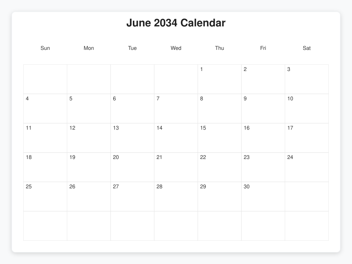 Printable June 2034 Calendars