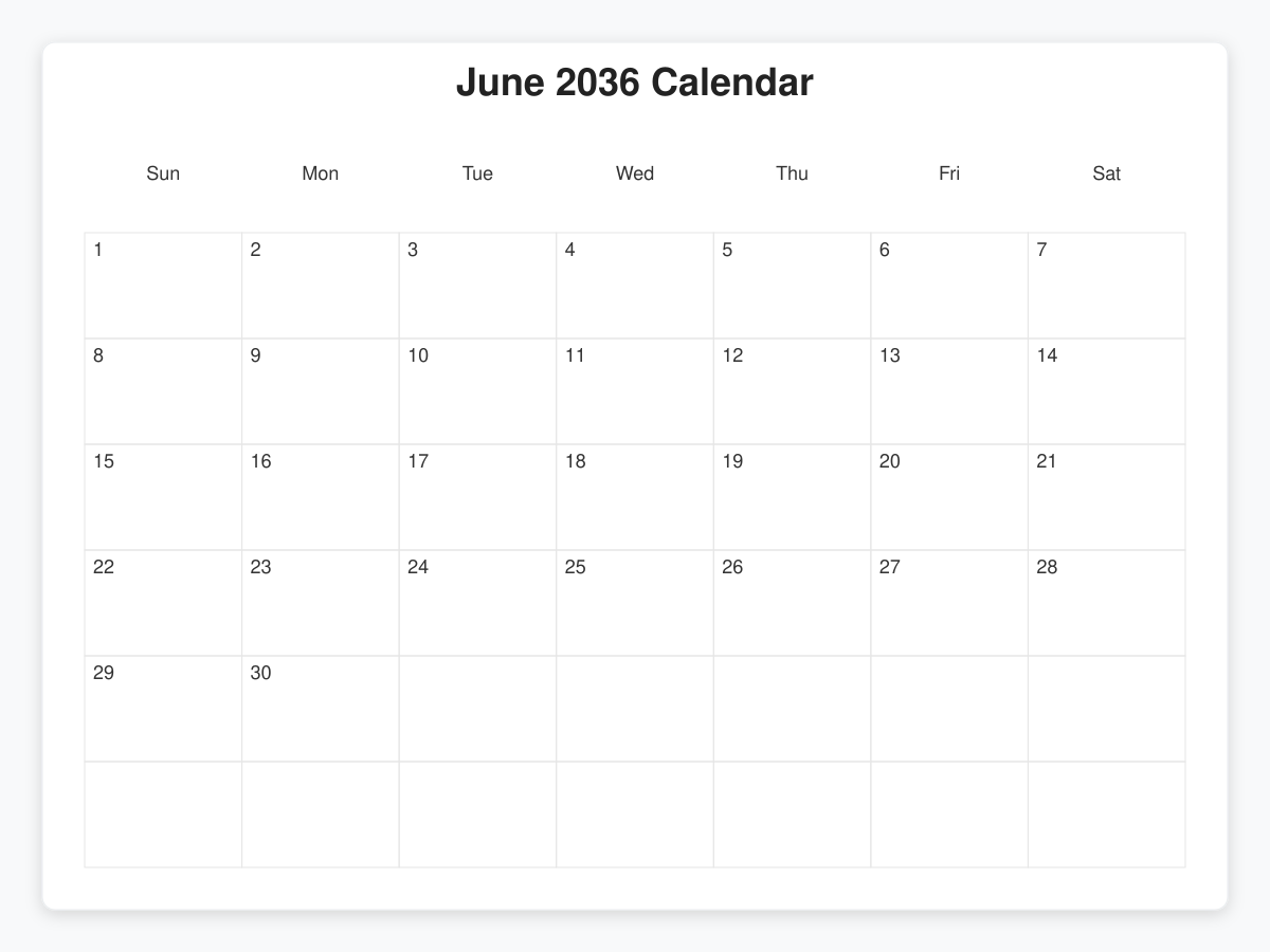 Printable June 2036 Calendars