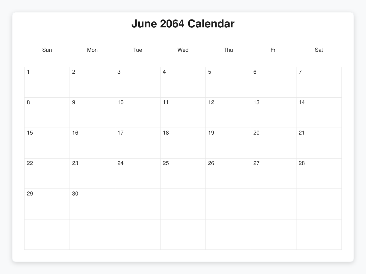 Printable June 2064 Calendars