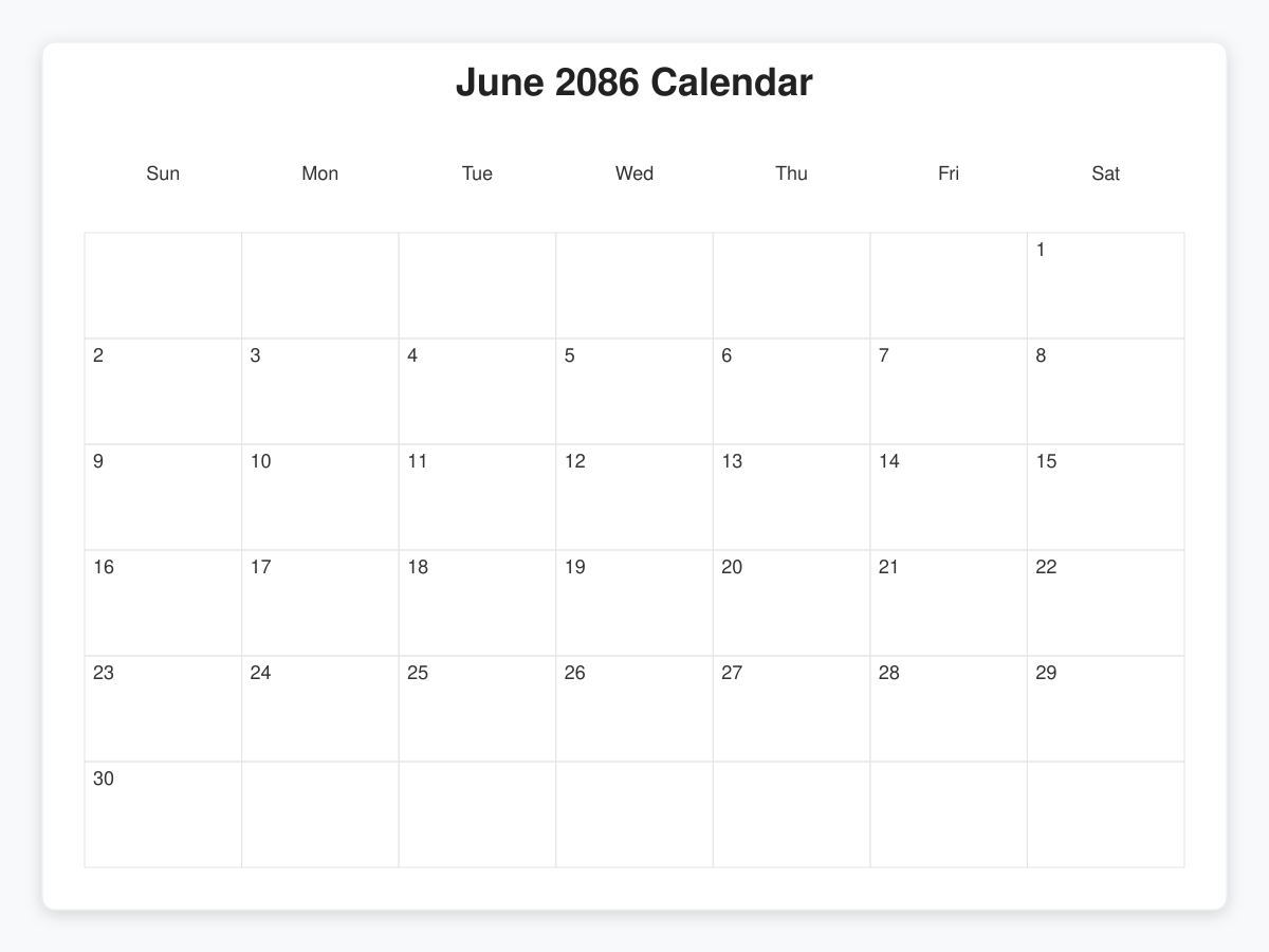 Printable June 2086 Calendars