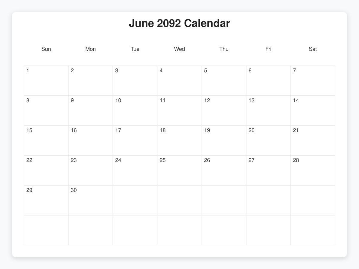 Printable June 2092 Calendars