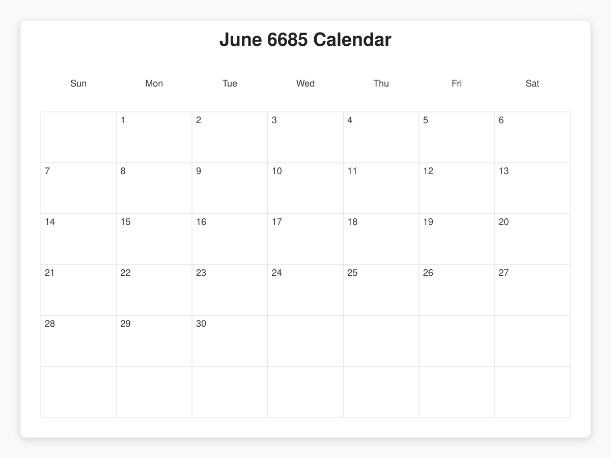 Printable June 6685 Calendars