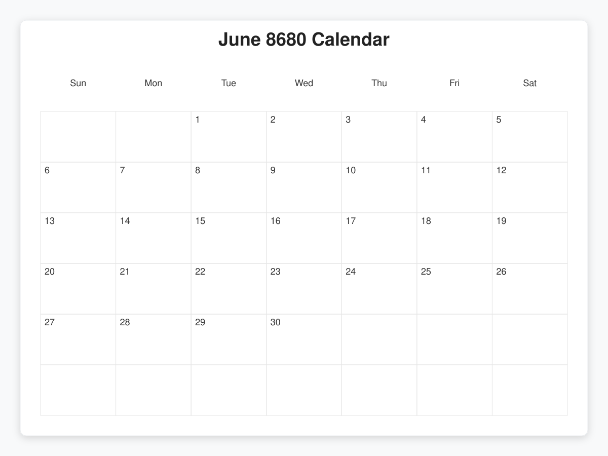 Printable June 8680 Calendars