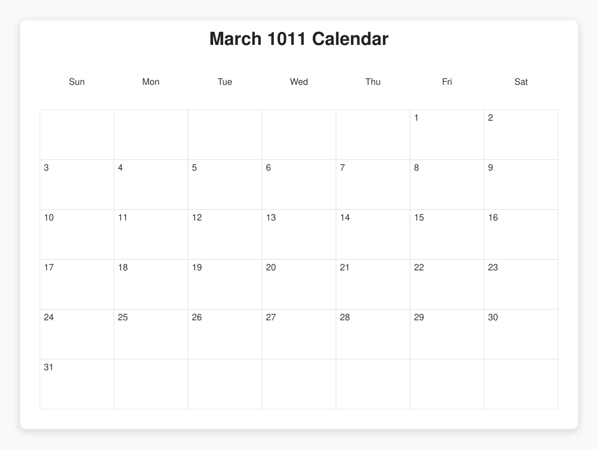 Printable March 1011 Calendars