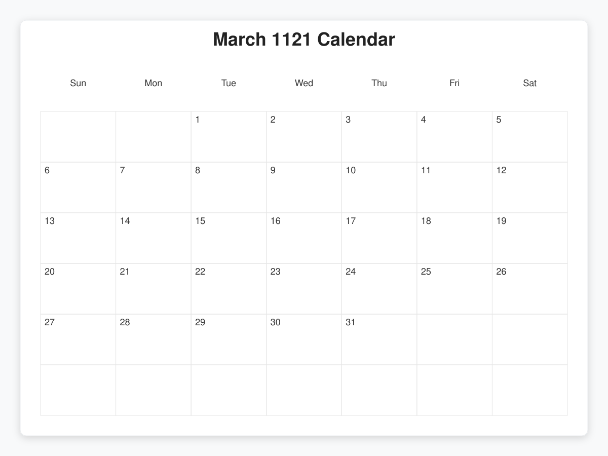 Printable March 1121 Calendars