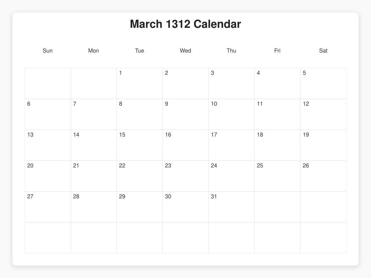 Printable March 1312 Calendars