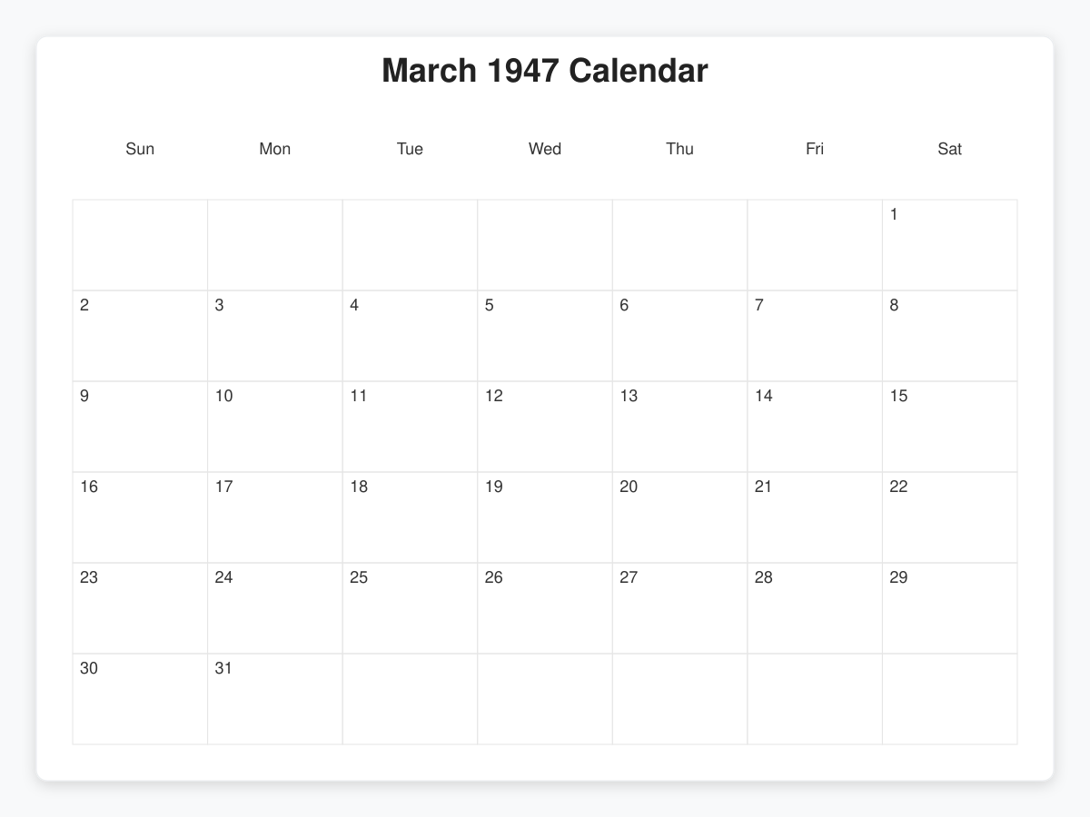 Printable March 1947 Calendars