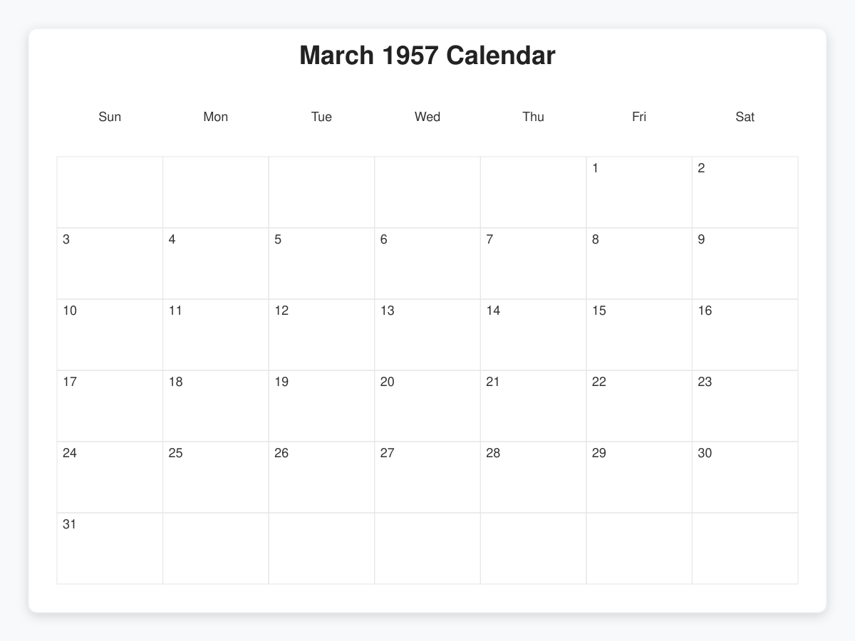 Printable March 1957 Calendars