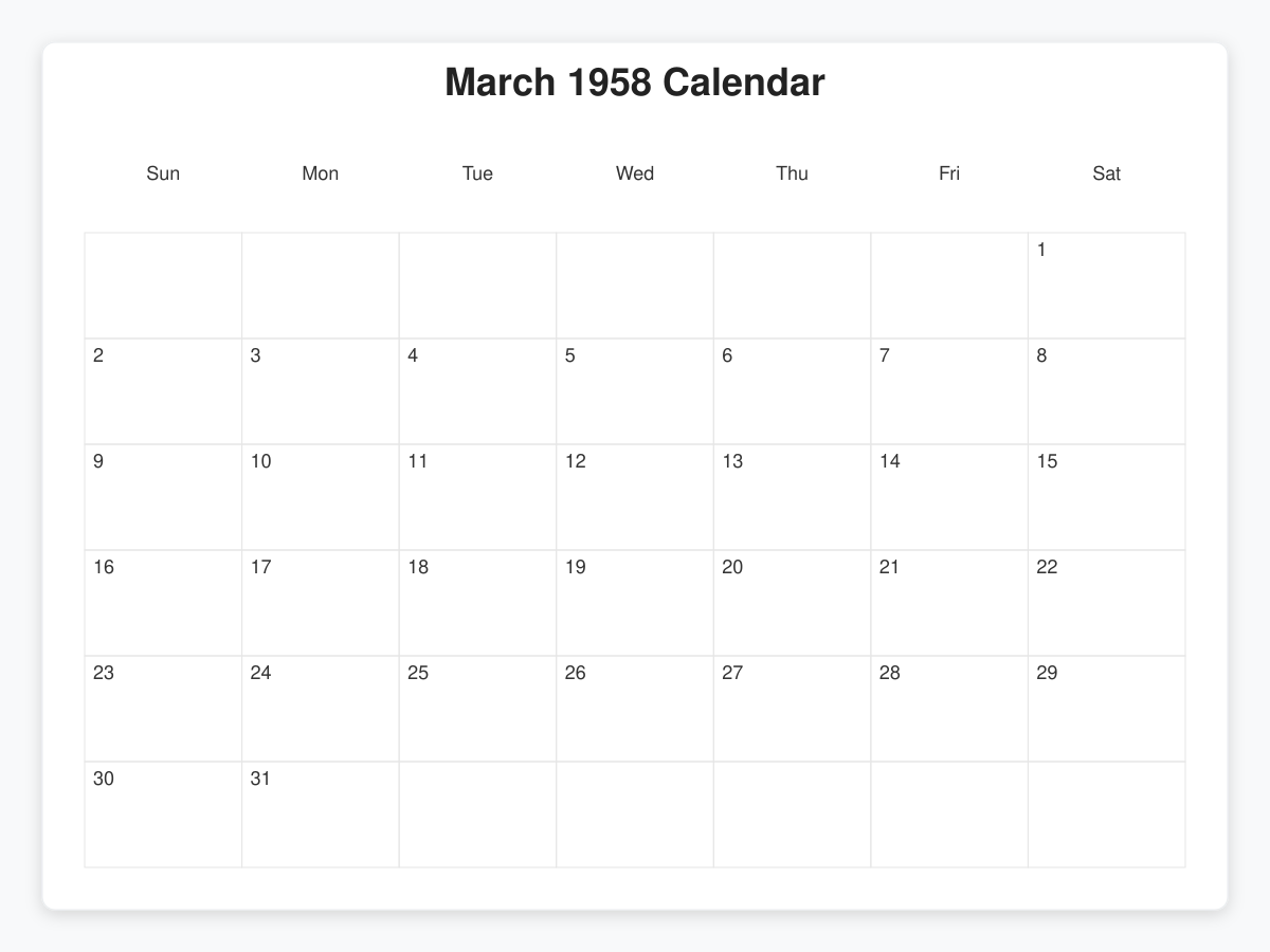 Printable March 1958 Calendars