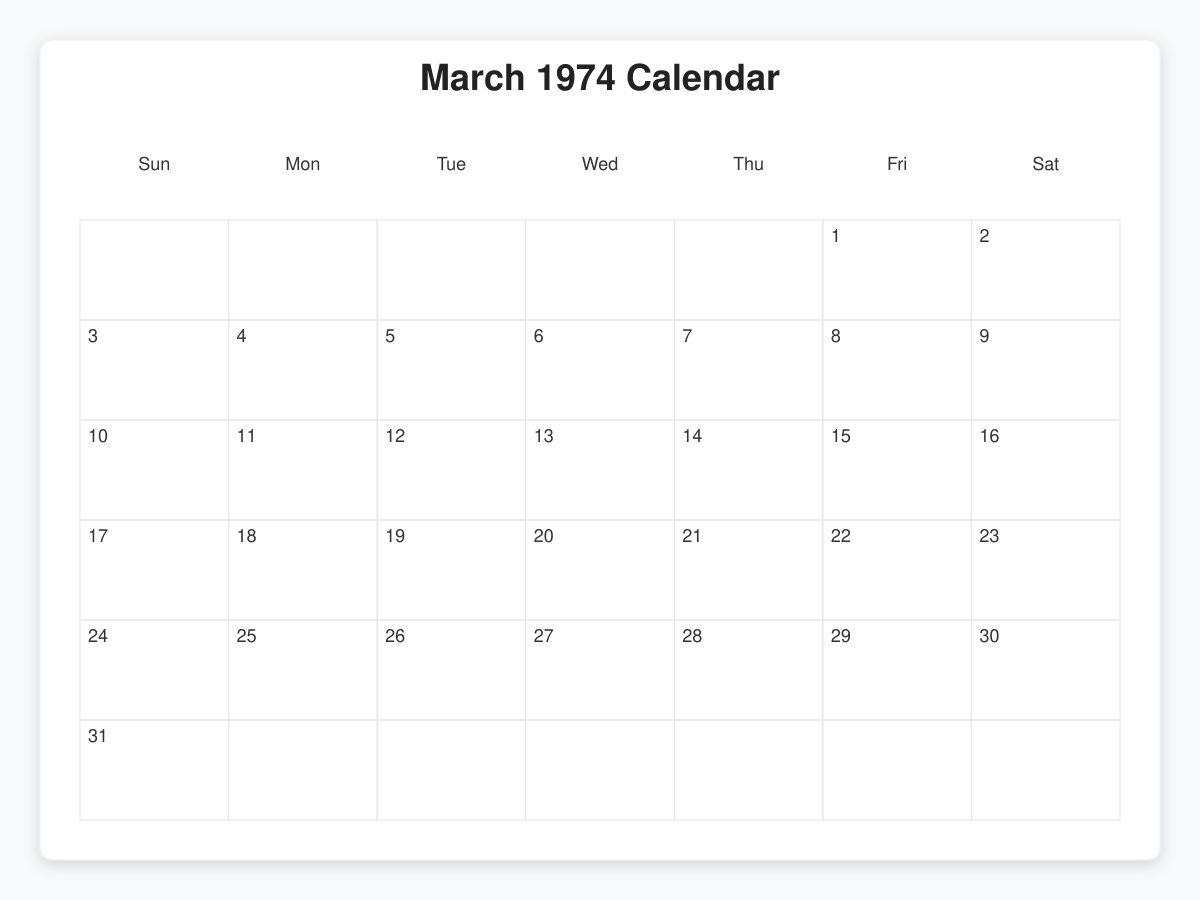 Printable March 1974 Calendars