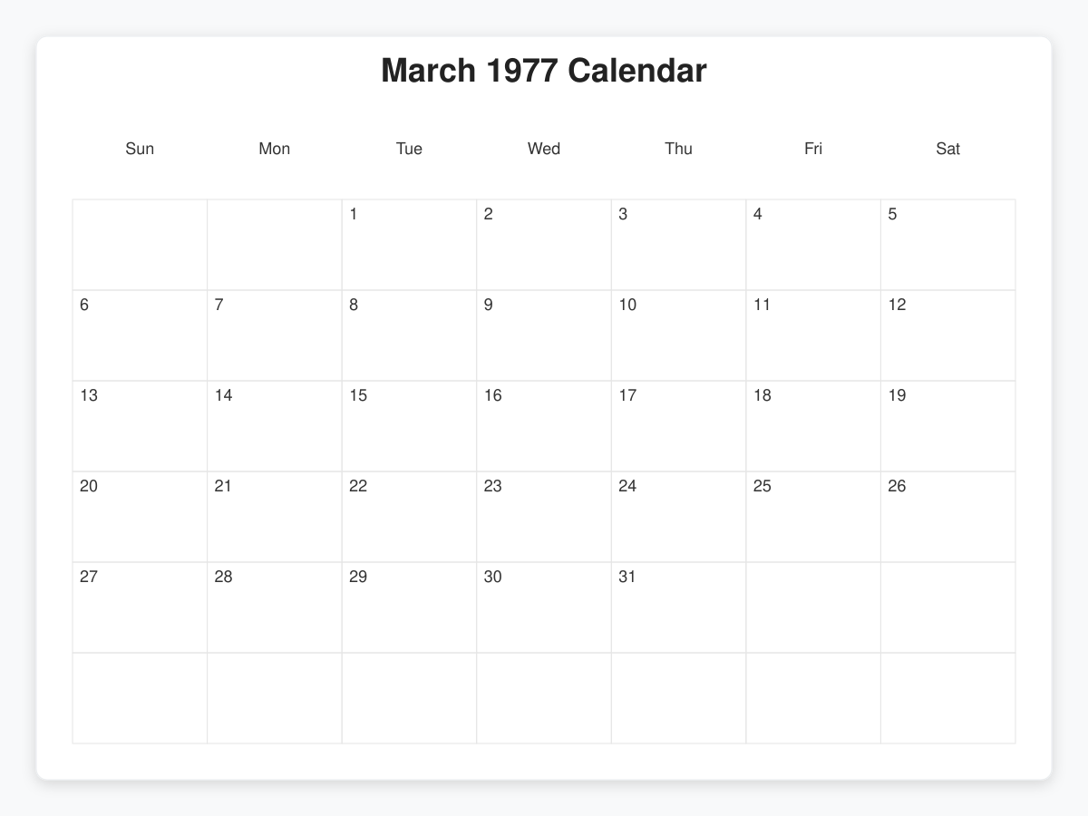Printable March 1977 Calendars