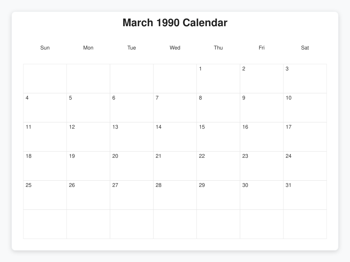 Printable March 1990 Calendars