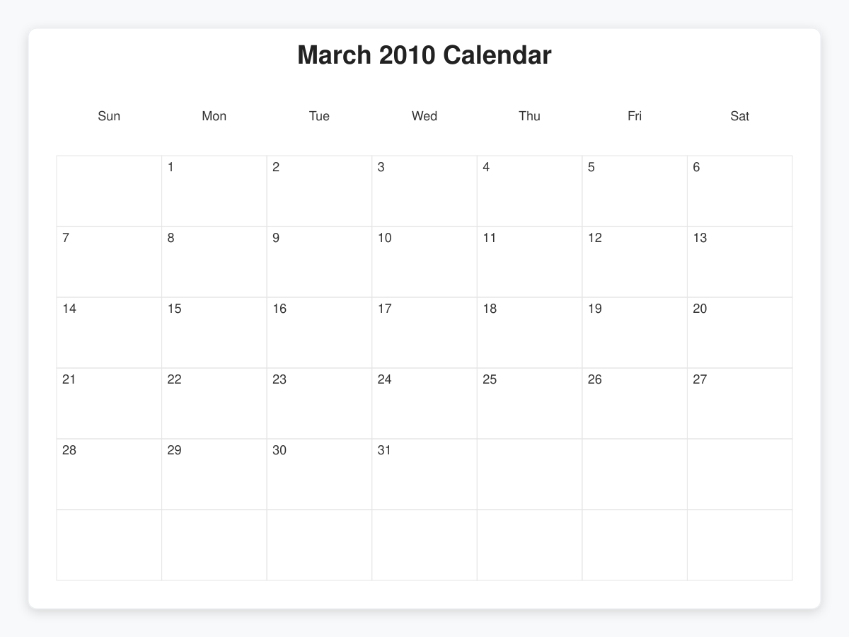 Printable March 2010 Calendars