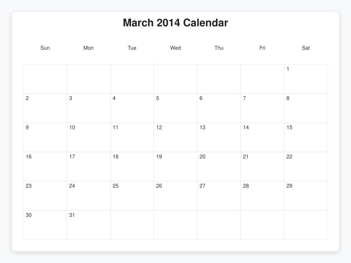 Printable March 2014 Calendars
