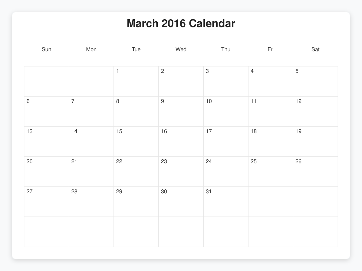Printable March 2016 Calendars