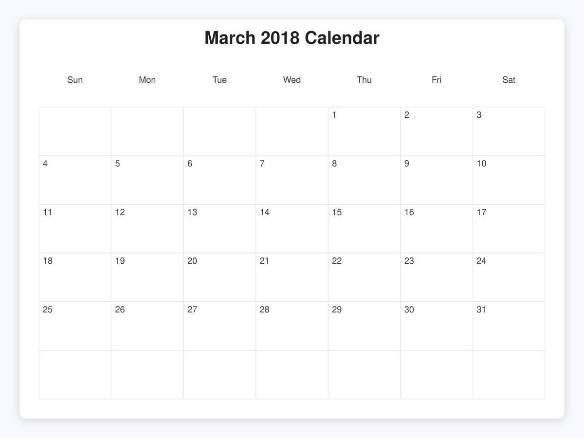 Printable March 2018 Calendars