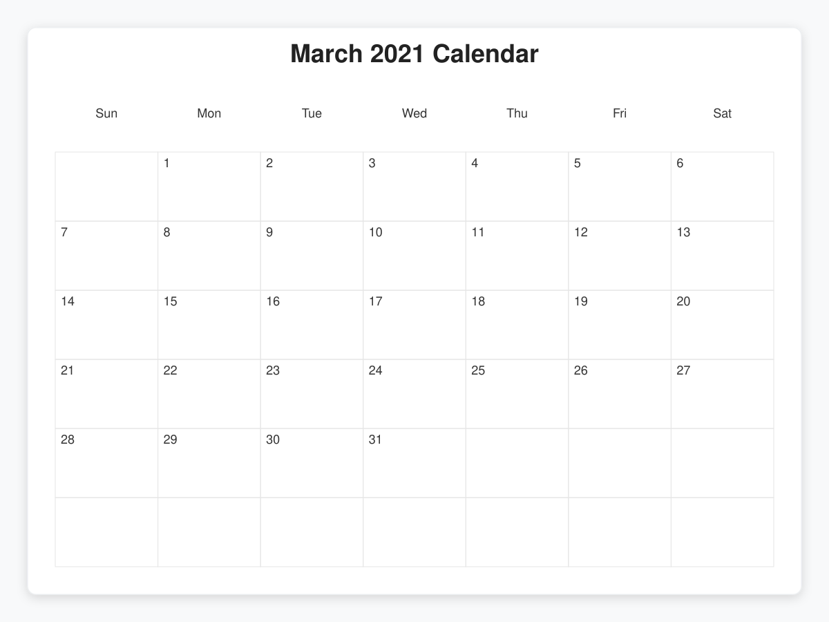 Printable March 2021 Calendars