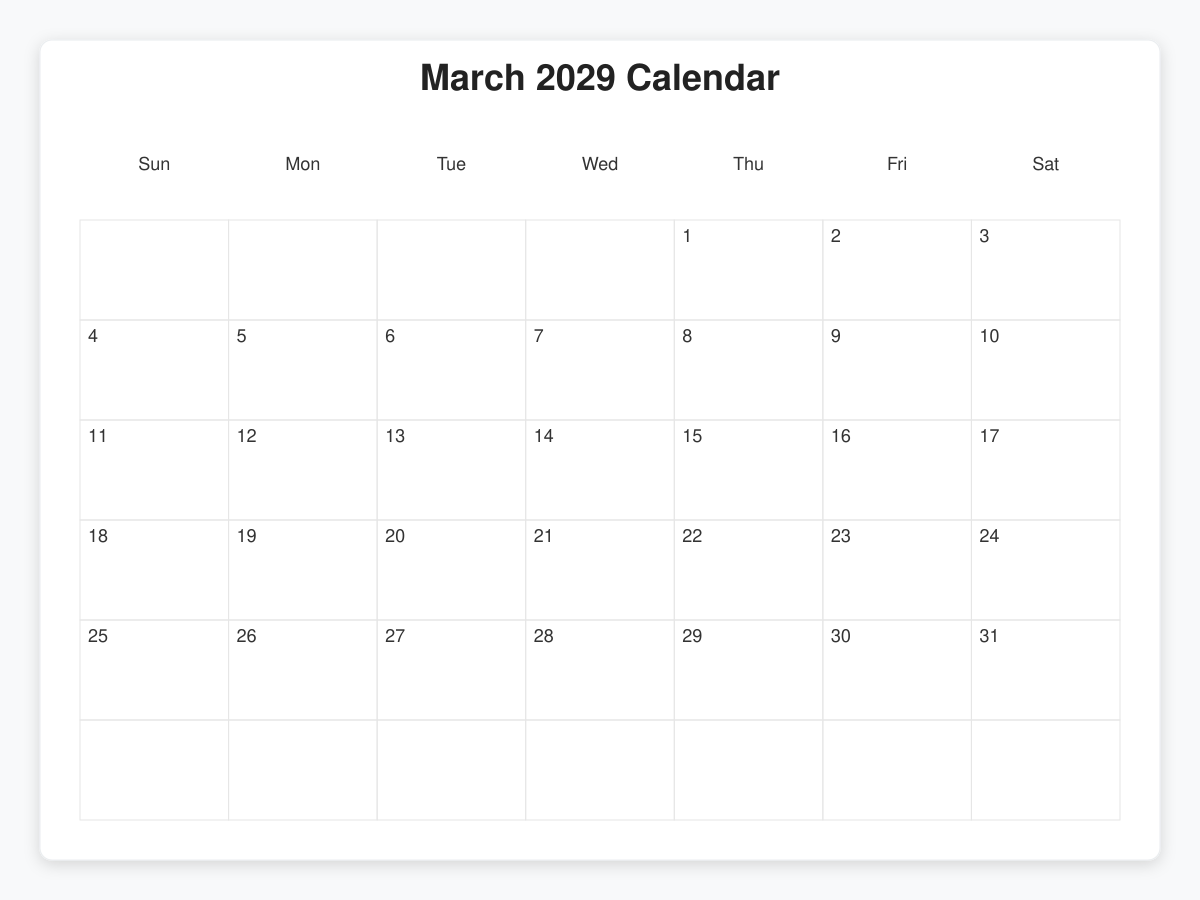 Printable March 2029 Calendars
