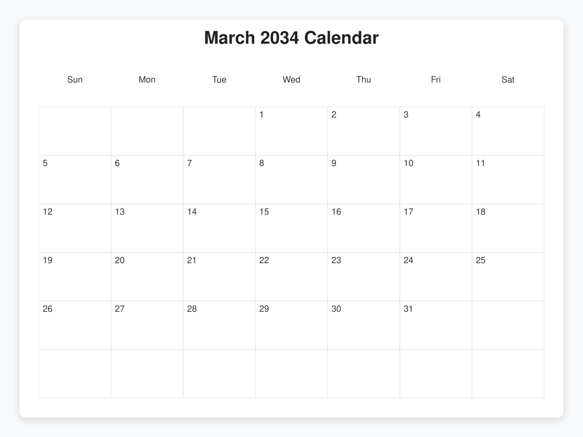 Printable March 2034 Calendars