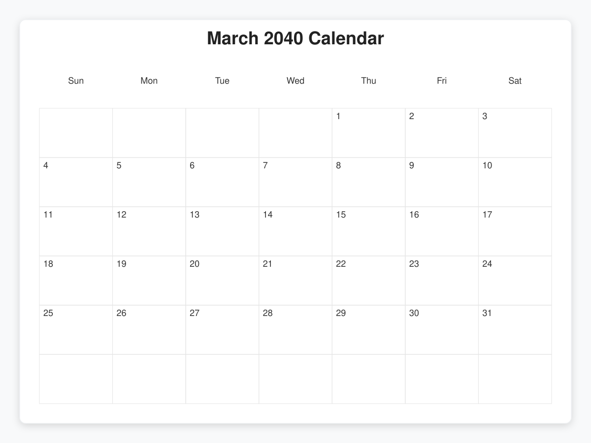 Printable March 2040 Calendars