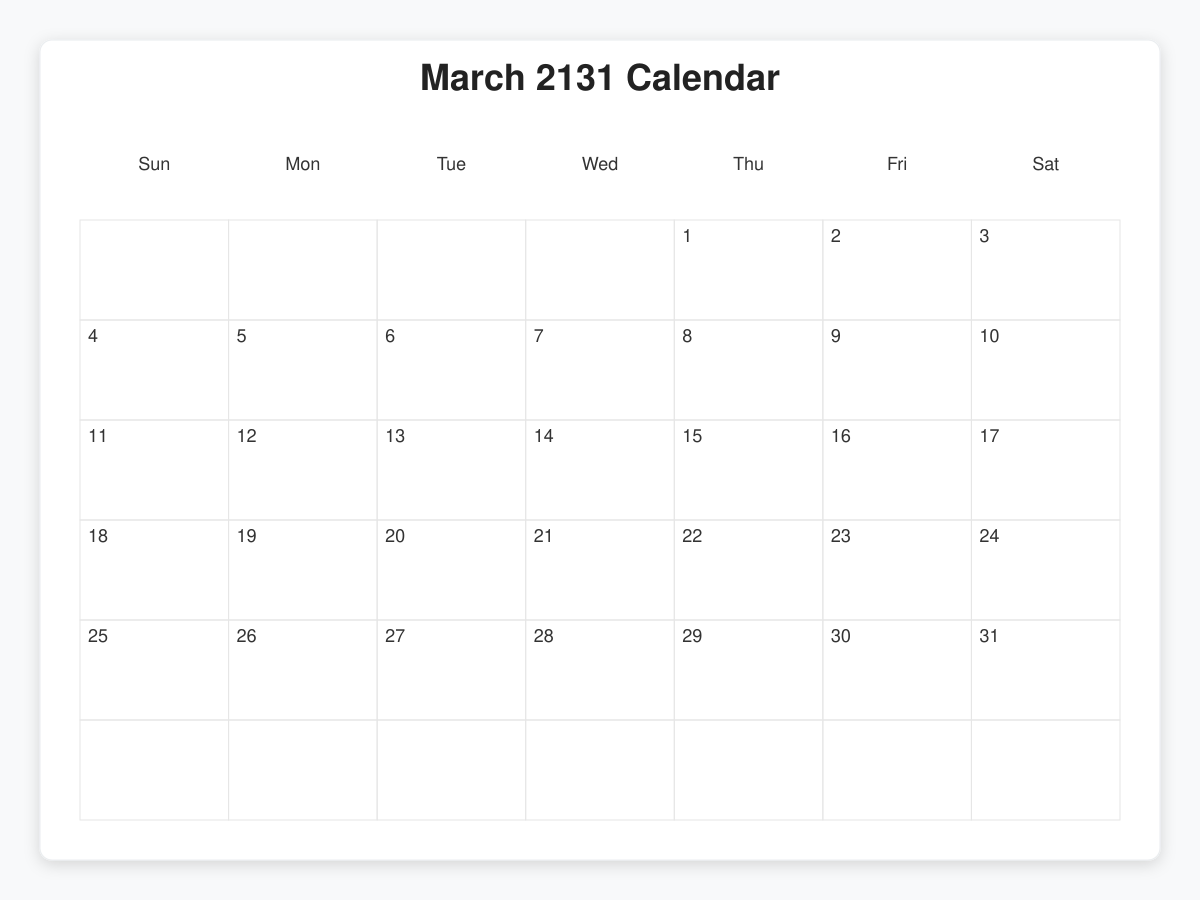 Printable March 2131 Calendars