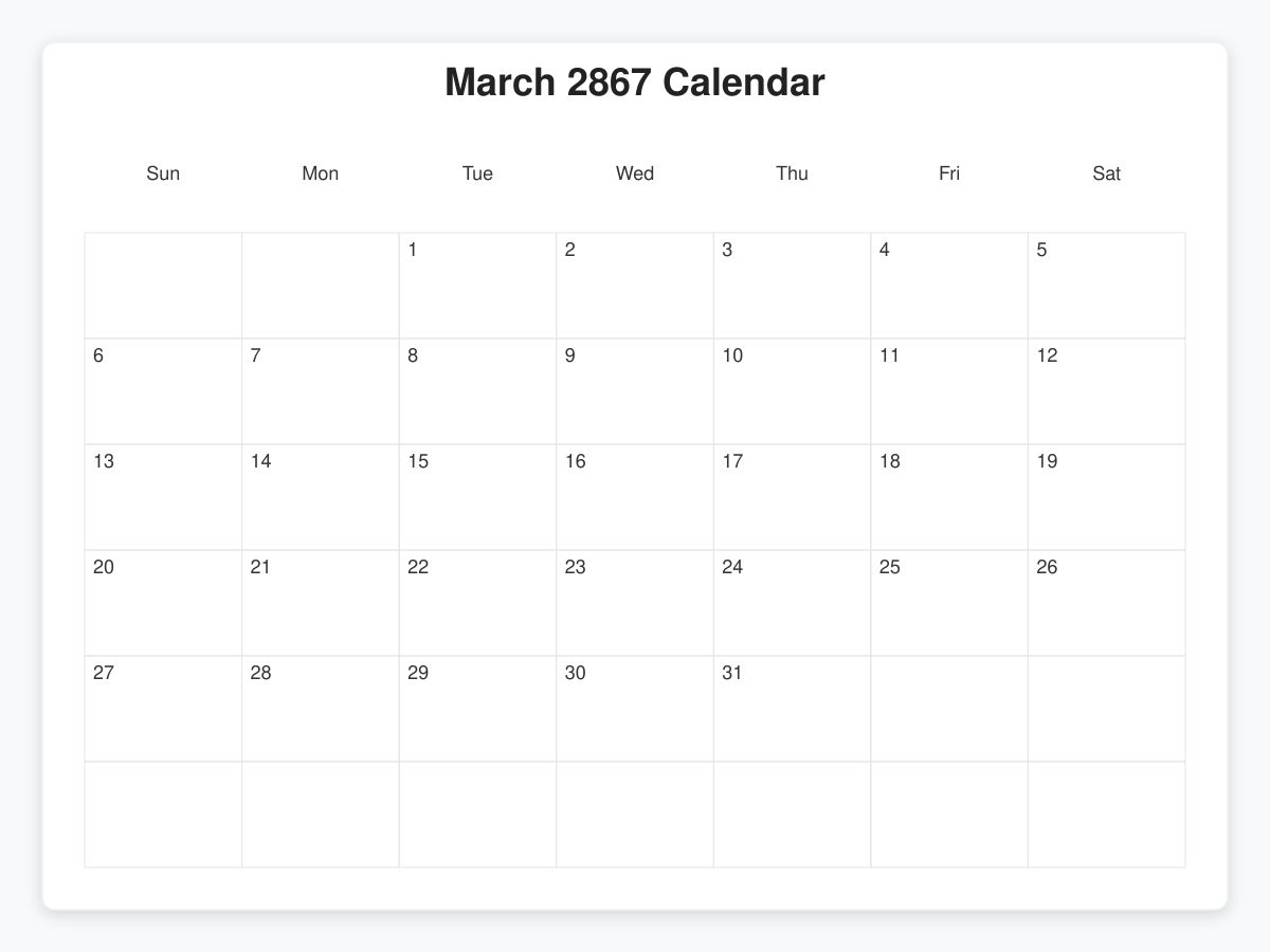 Printable March 2867 Calendars