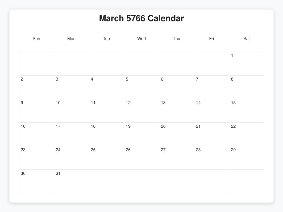 Printable March 5766 Calendars