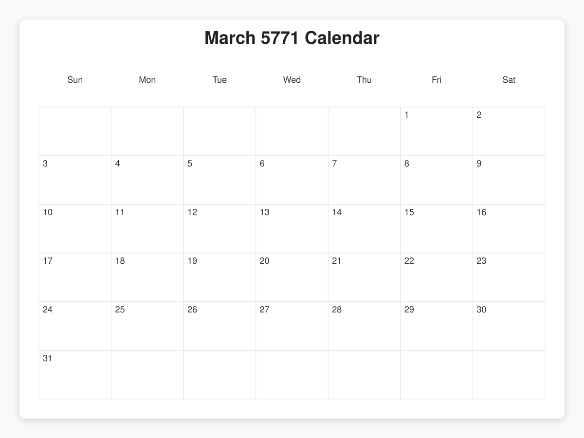 Printable March 5771 Calendars