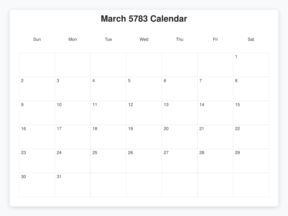 Printable March 5783 Calendars