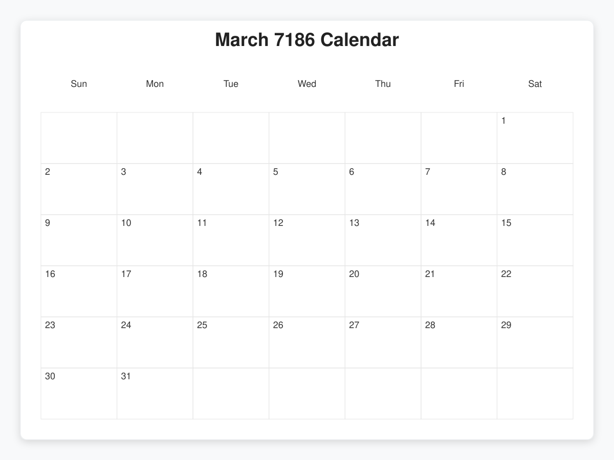 Printable March 7186 Calendars