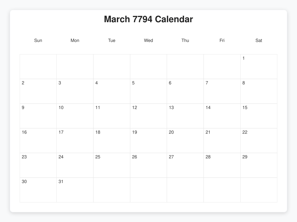 Printable March 7794 Calendars