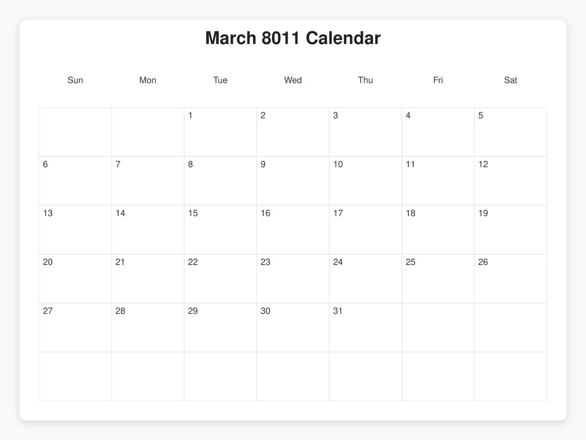 Printable March 8011 Calendars