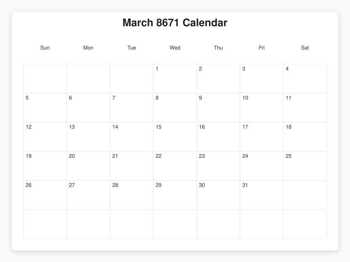 Printable March 8671 Calendars