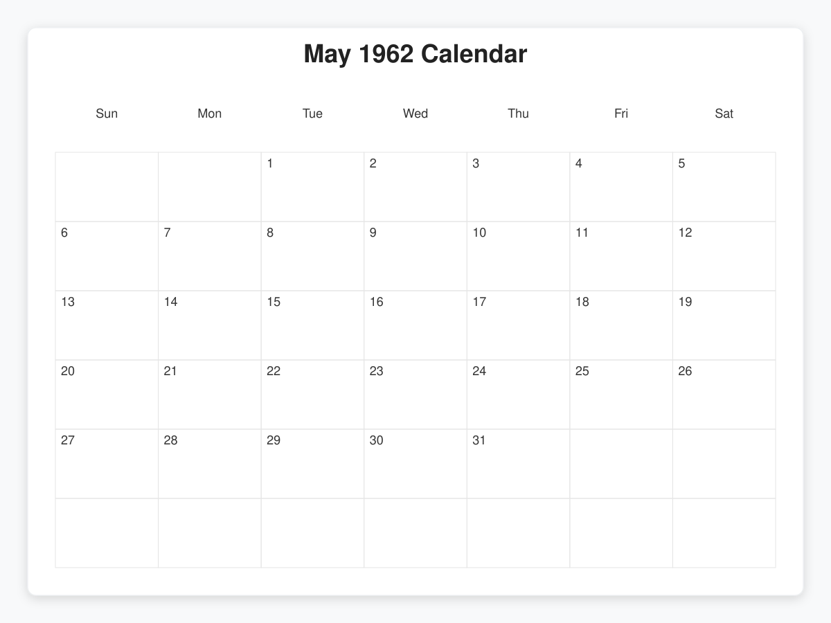 Printable May 1962 Calendars