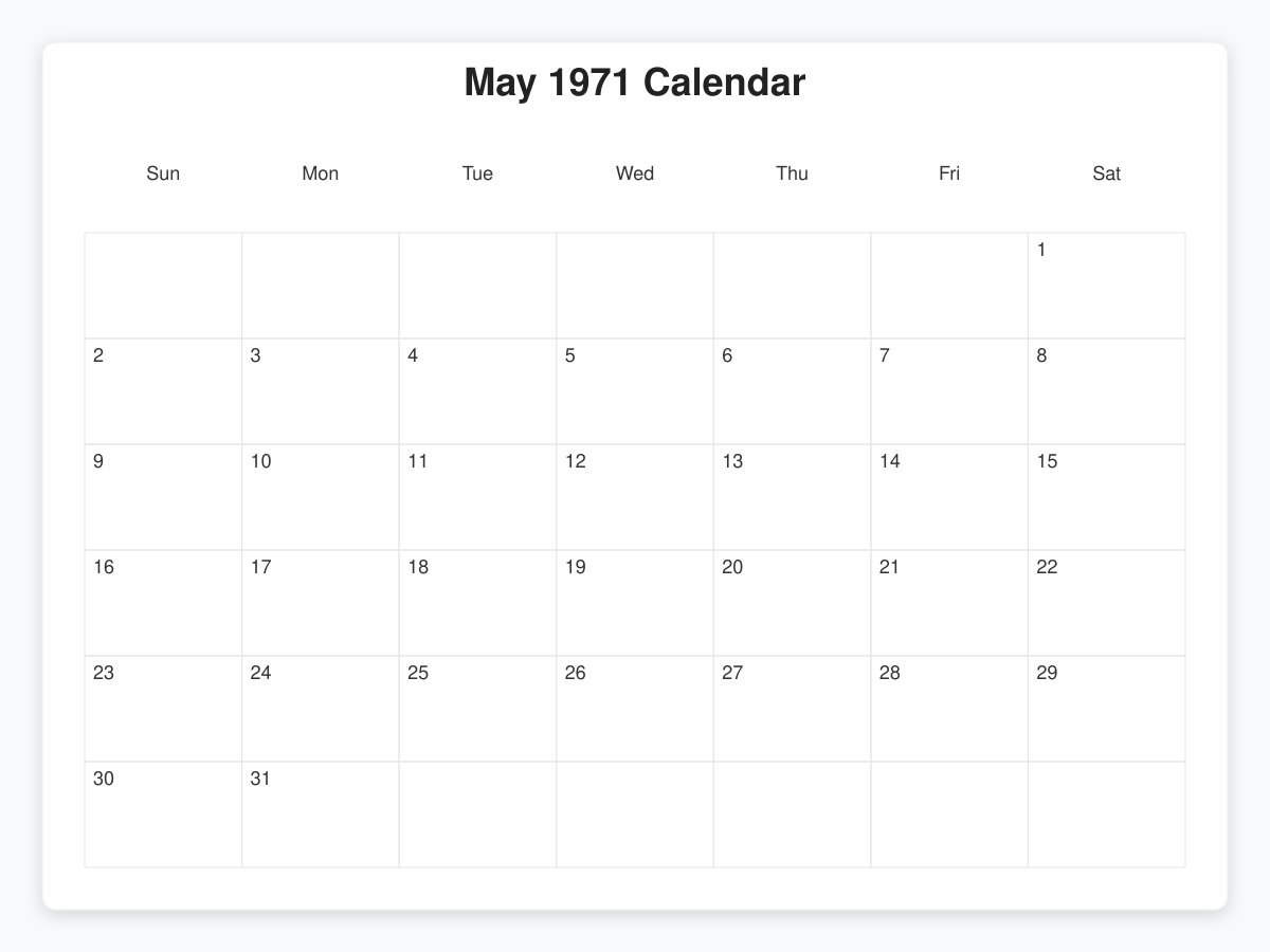 Printable May 1971 Calendars