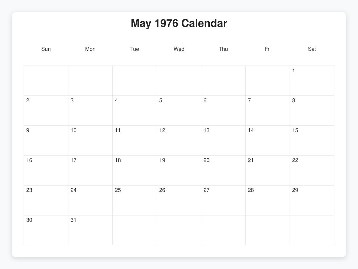 Printable May 1976 Calendars