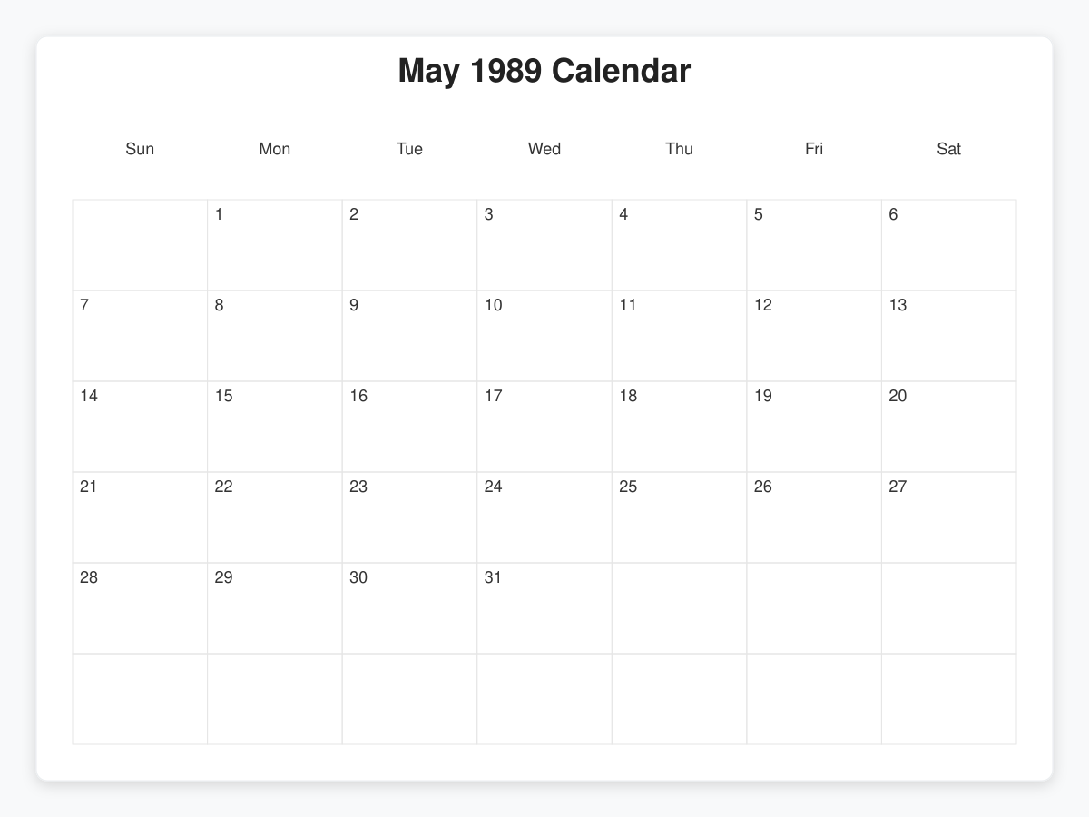 Printable May 1989 Calendars