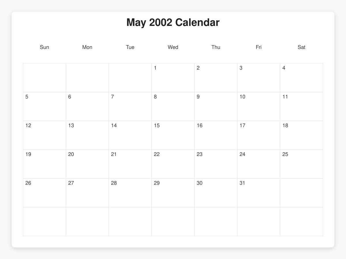 Printable May 2002 Calendars