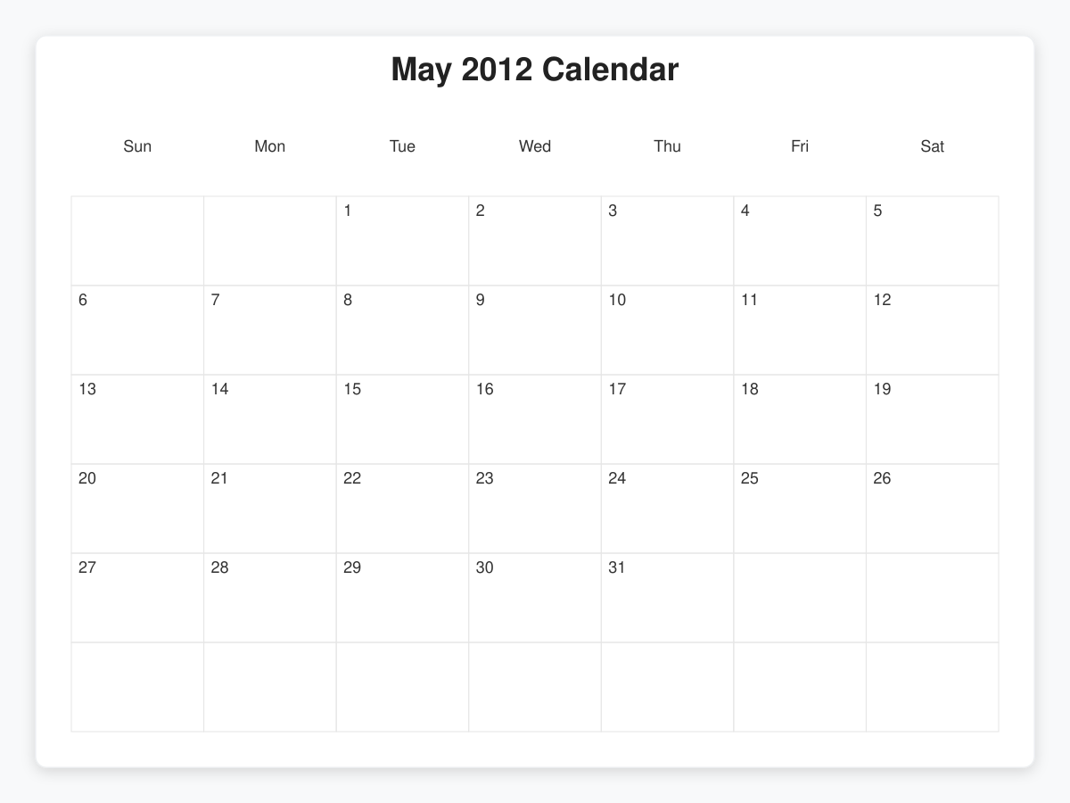 Printable May 2012 Calendars