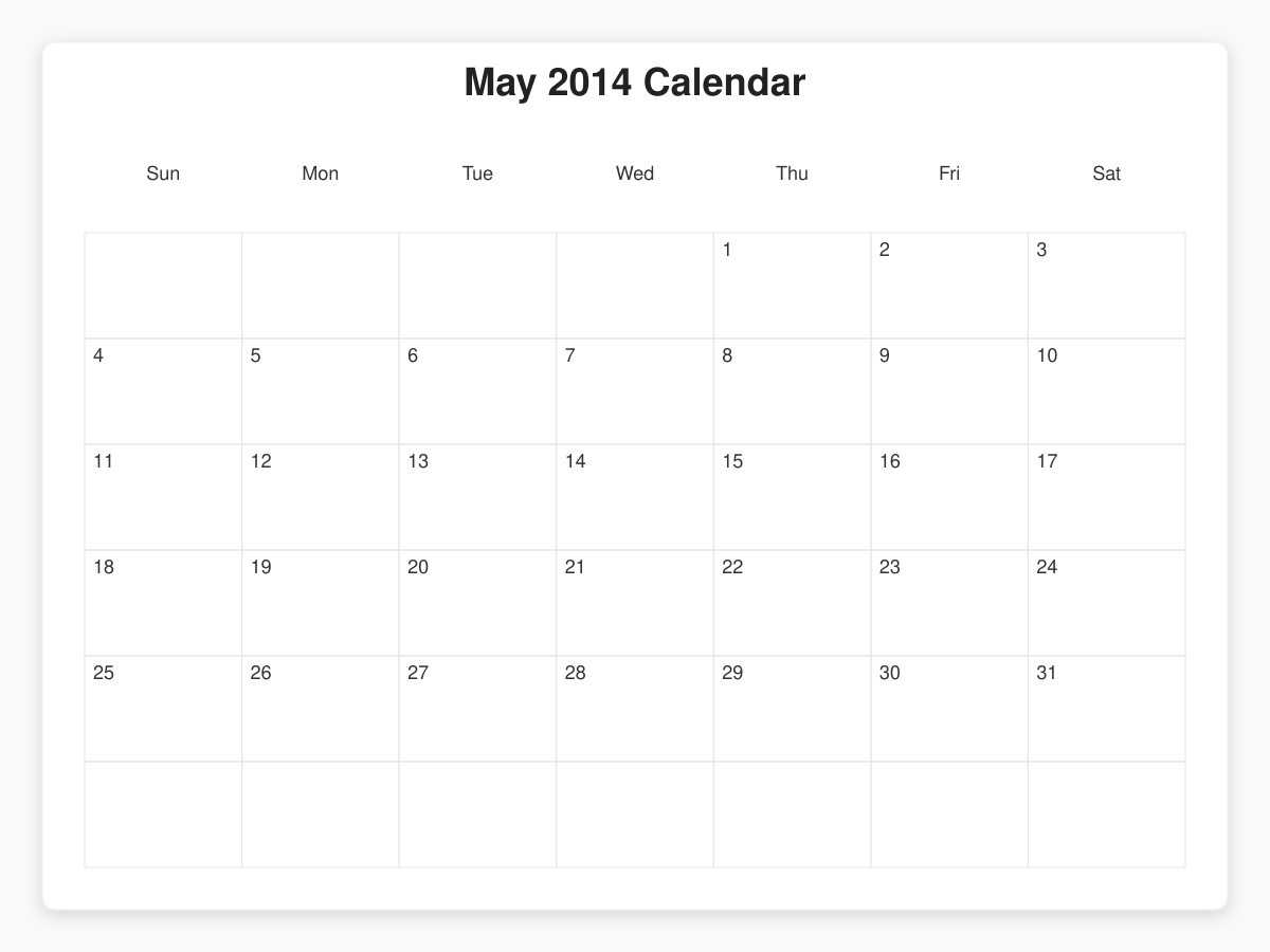 Printable May 2014 Calendars