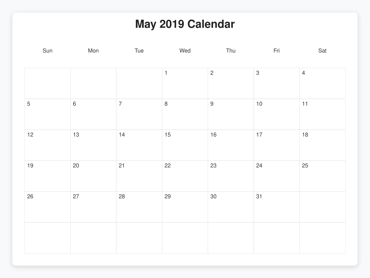 Printable May 2019 Calendars