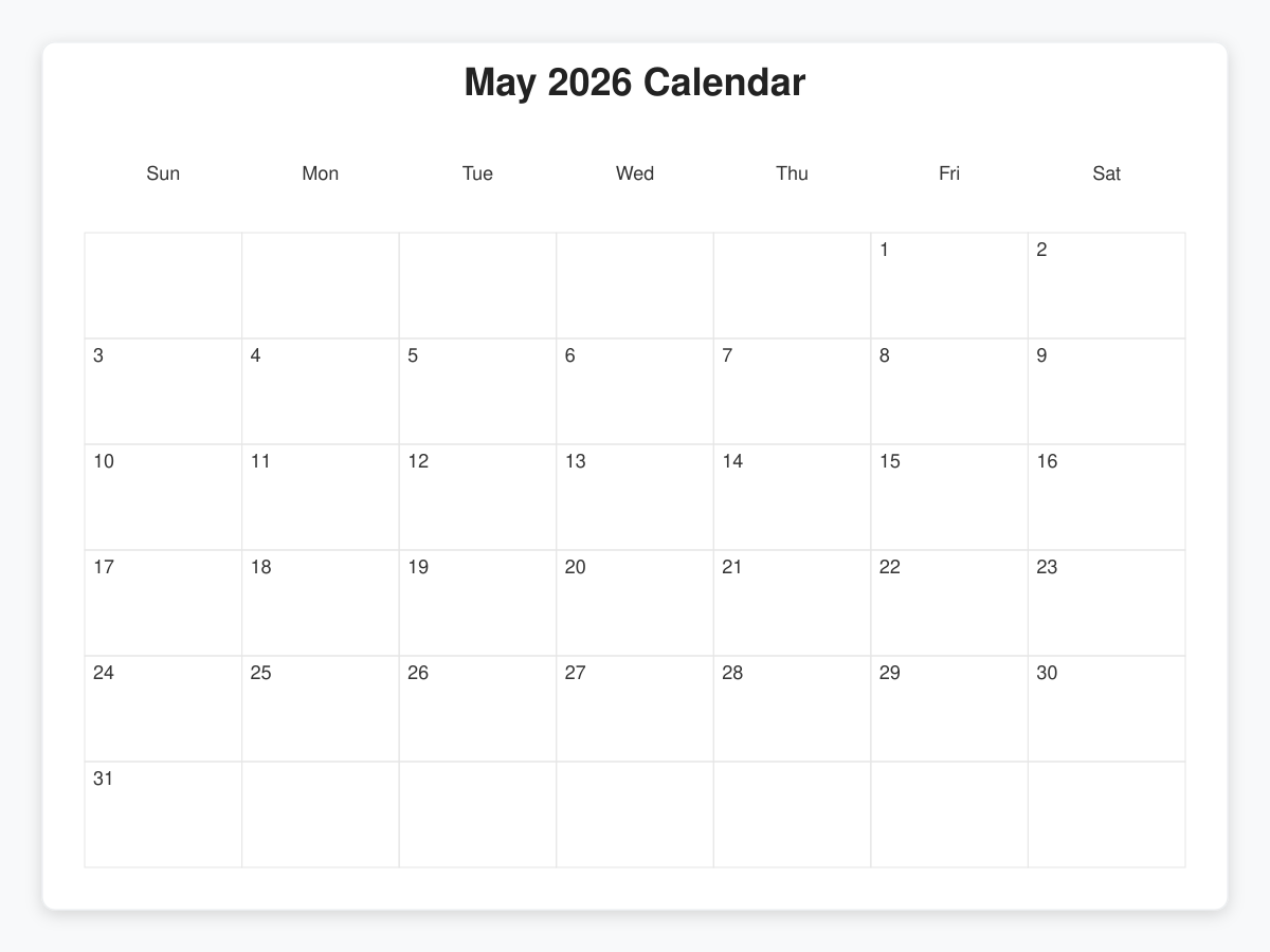 Printable May 2026 Calendars